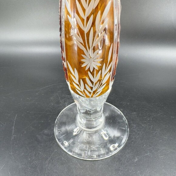 Vintage Czech Bohemian Glass Crystal Vase Vessel Amber Etching Floral Decor Vase - Picture 15 of 16